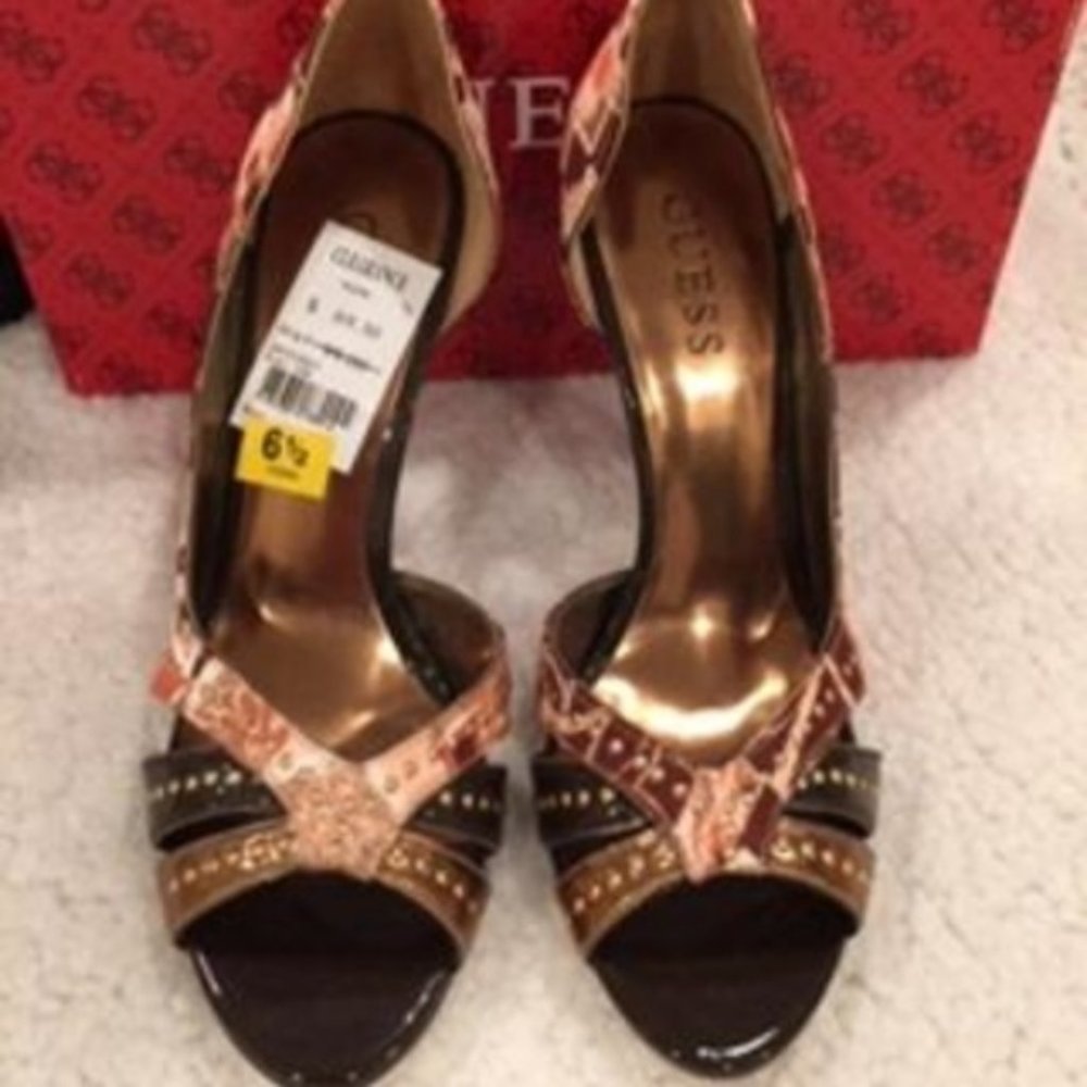 ORANGE MULTI-COLOR FABRIC OPEN TOE HEELS SIZE 6.5